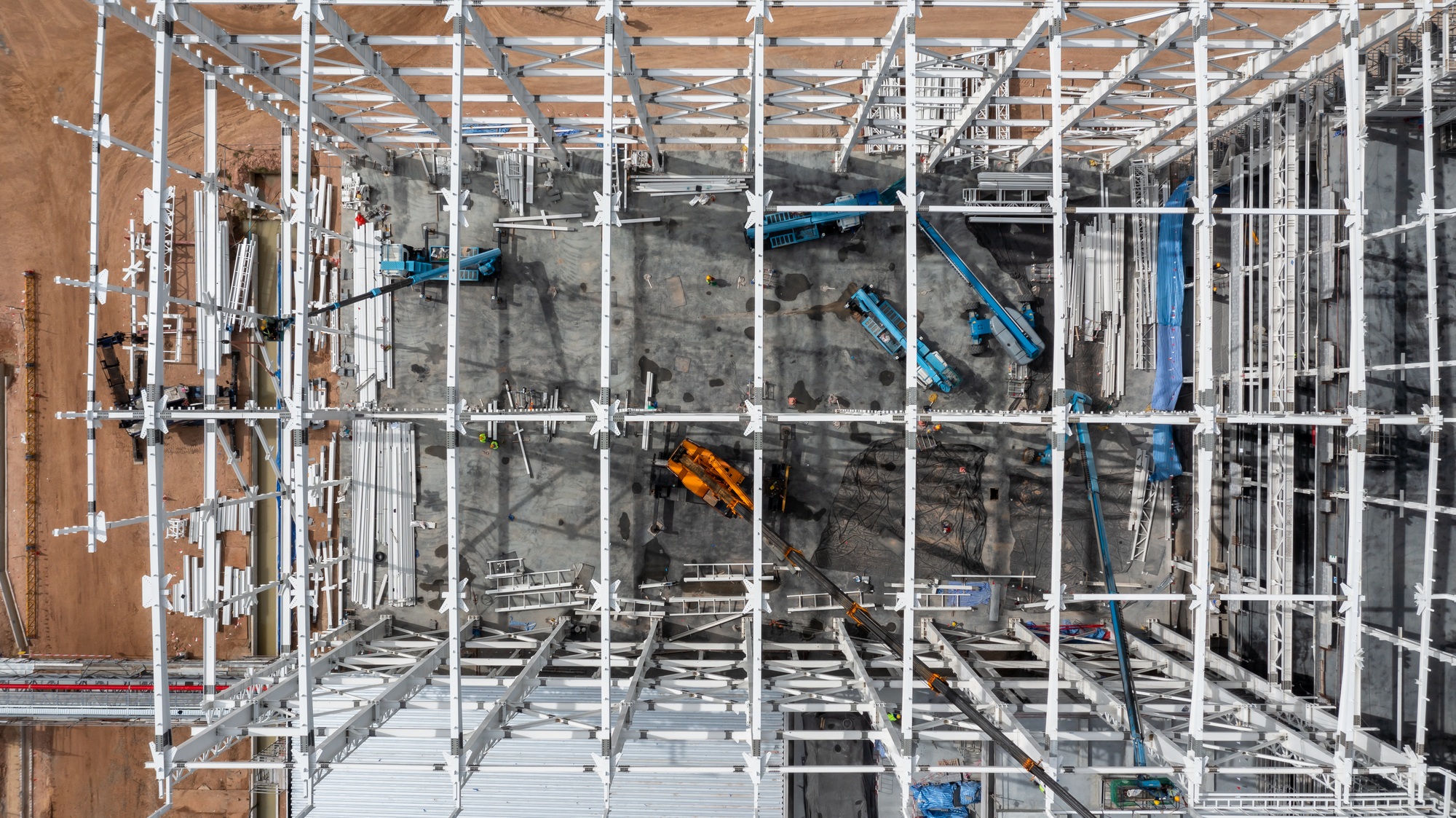Aerial view scaffolding building and construction, Scaffolding at construction site.